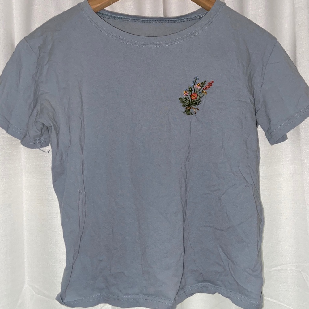 Blue Shirt with Flower Embroidery